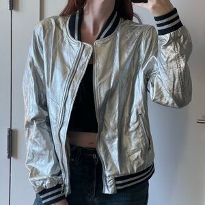 Oversized Silver Bomber Jacket with Satin Lining